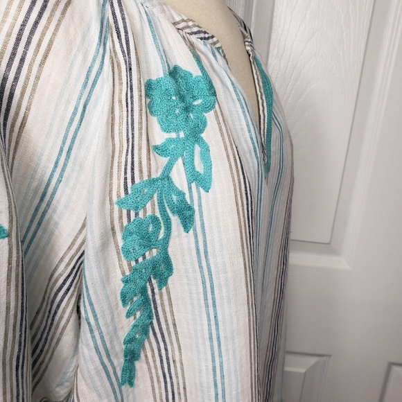 J Jill Love Linen Popover Top Embroidery M 100% Linen Raglan Sleeves Split Neck - Picture 13 of 13